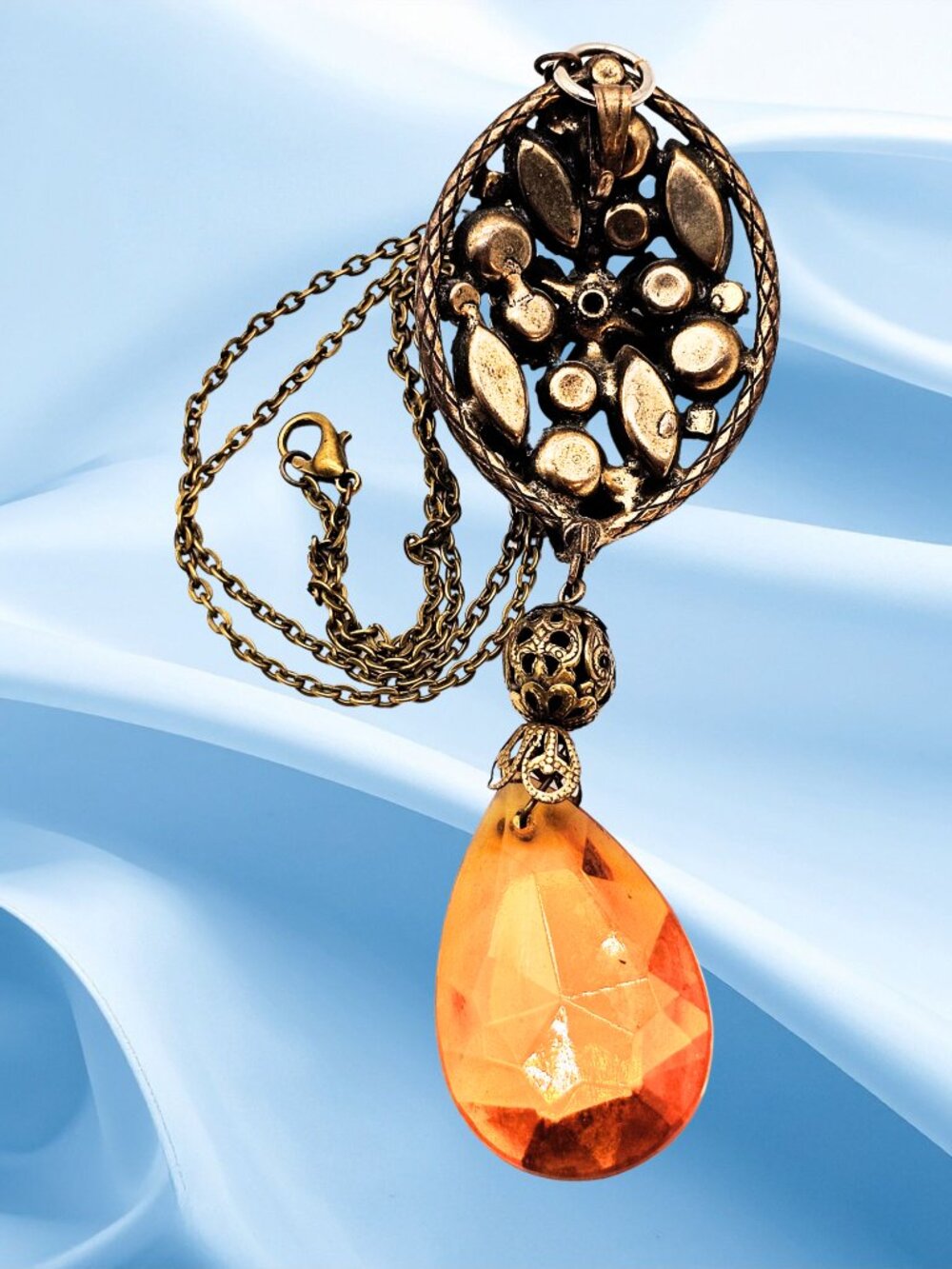 Vintage Style Amber Rhinestone Filigree Pendant Necklace Victorian Art Nouveau - Picture 7 of 8